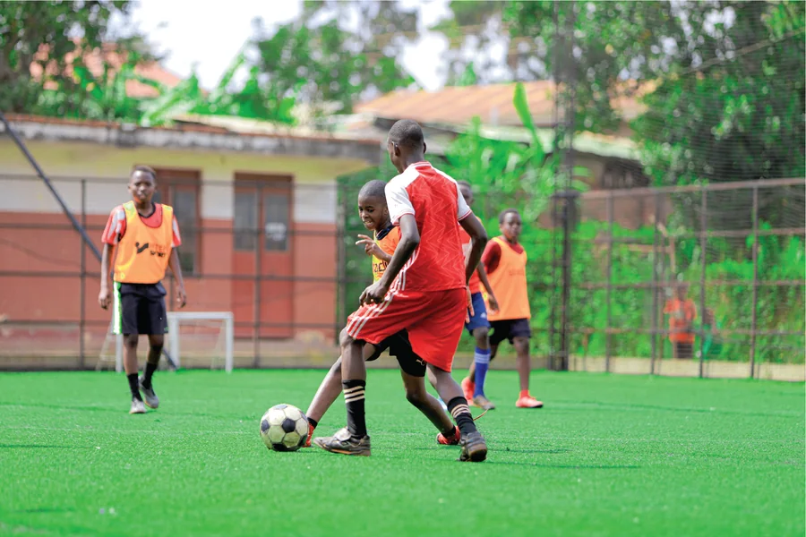 Young football players training